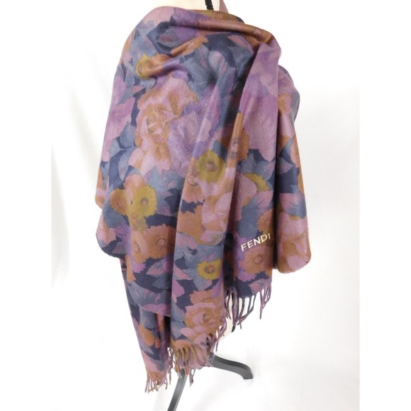 Vintage FENDI Floral Print Fringe Hem Large Blanket Scarf Wrap Made In Italy - Picture 1 of 10